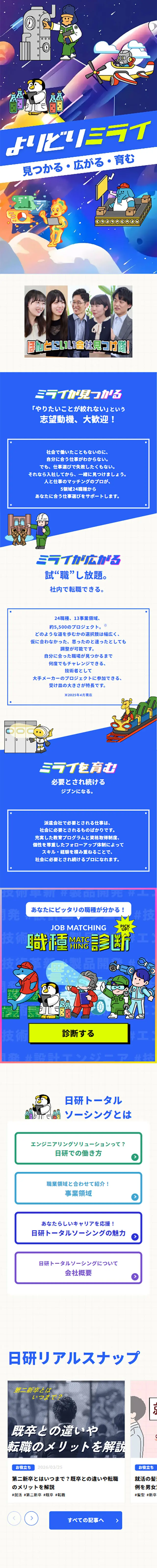 【公式】日研トータルソーシング 新卒採用2027-2028のLPデザイン（新卒採用／ブルー系／にぎやか系）スマホ版