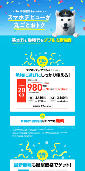 5～18歳限定キャンペーンのLPデザイン（通信・ネットワーク機器／ブルー系／信頼・安心系）PC版