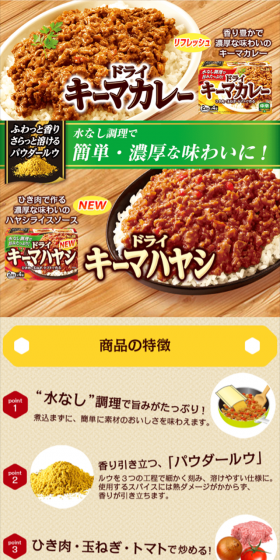 ドライキーマカレー・ドライキーマハヤシのLPデザイン（レトルト・インスタント／イエロー系／にぎやか系）スマホ版