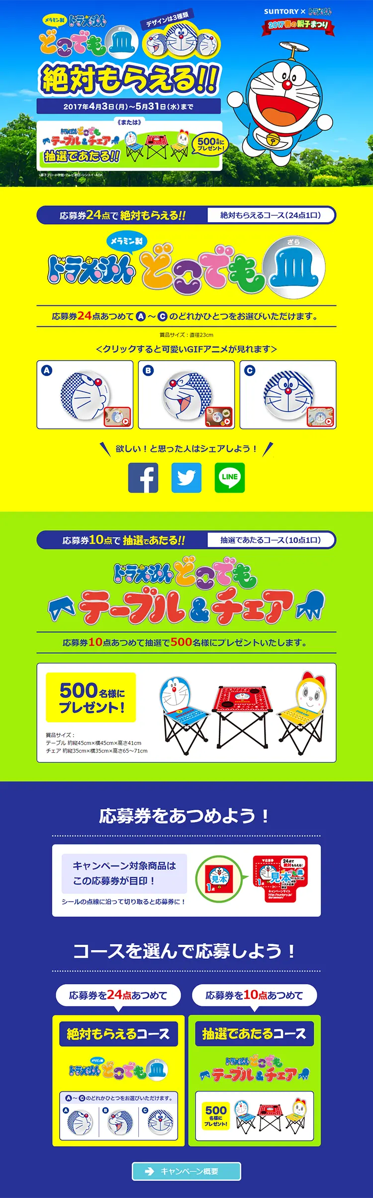 SUNTORY×ドラえもん　2017春の親子まつりのLPデザイン（サービス・保険・金融／イエロー系／マンガ・イラスト系）PC版