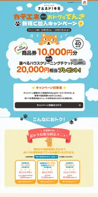 カテエネandおトクなでんき　新規ご加入キャンペーンのLPデザイン（サービス・保険・金融／ブルー系／かわいい系）PC版