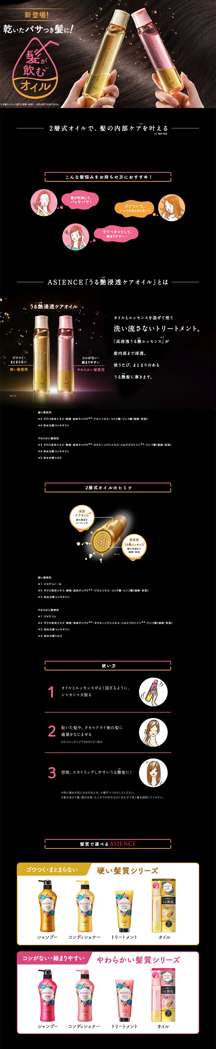 髪が飲むオイルのLPデザイン（美容・スキンケア・香水／ゴールド系／アート・芸術系）PC版