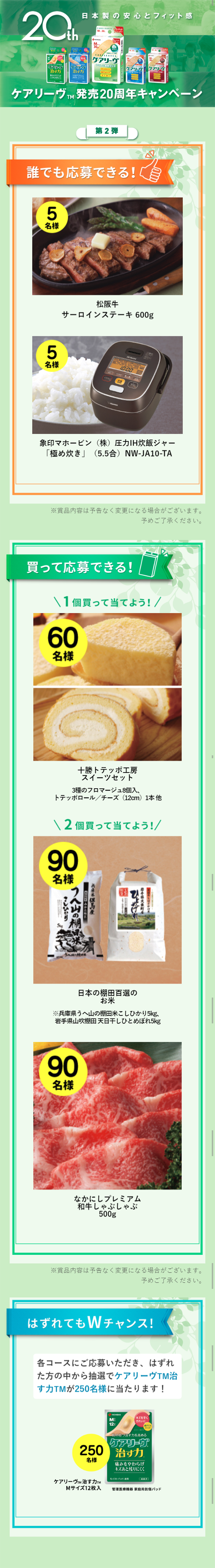 ケアリーヴ発売20周年キャンペーンのLPデザイン（サービス・保険・金融／グリーン系／キレイ系）スマホ版