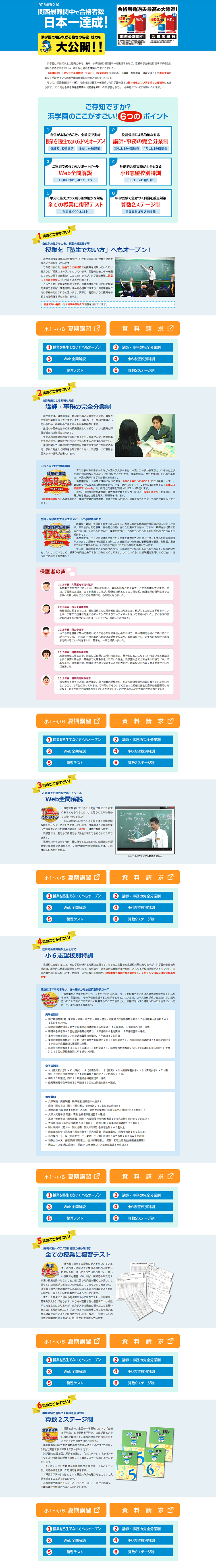浜学園6つのポイントのLPデザイン（学び・教材／ブルー系／信頼・安心系）PC版