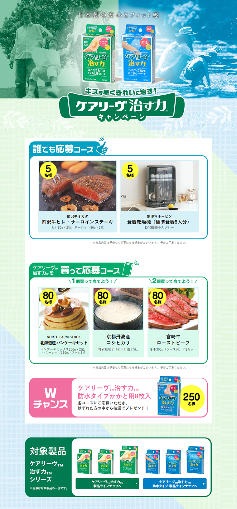 キズを早くきれいに治す！ケアリーヴ治す力キャンペーンのLPデザイン（サービス・保険・金融／グリーン系／キレイ系）PC版