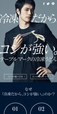 冷凍うどんのLPデザイン（食品／ブラック系／かっこいい系）スマホ版