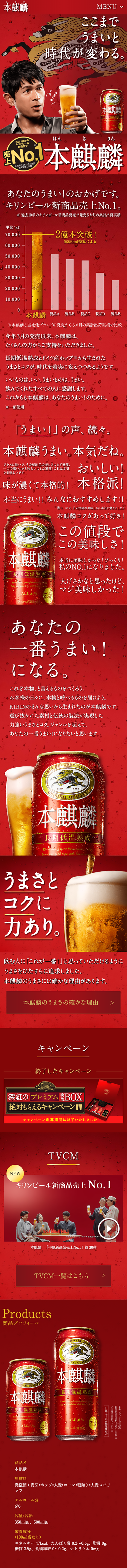 本麒麟のLPデザイン（飲料・お酒／レッド系／力強い系）スマホ版