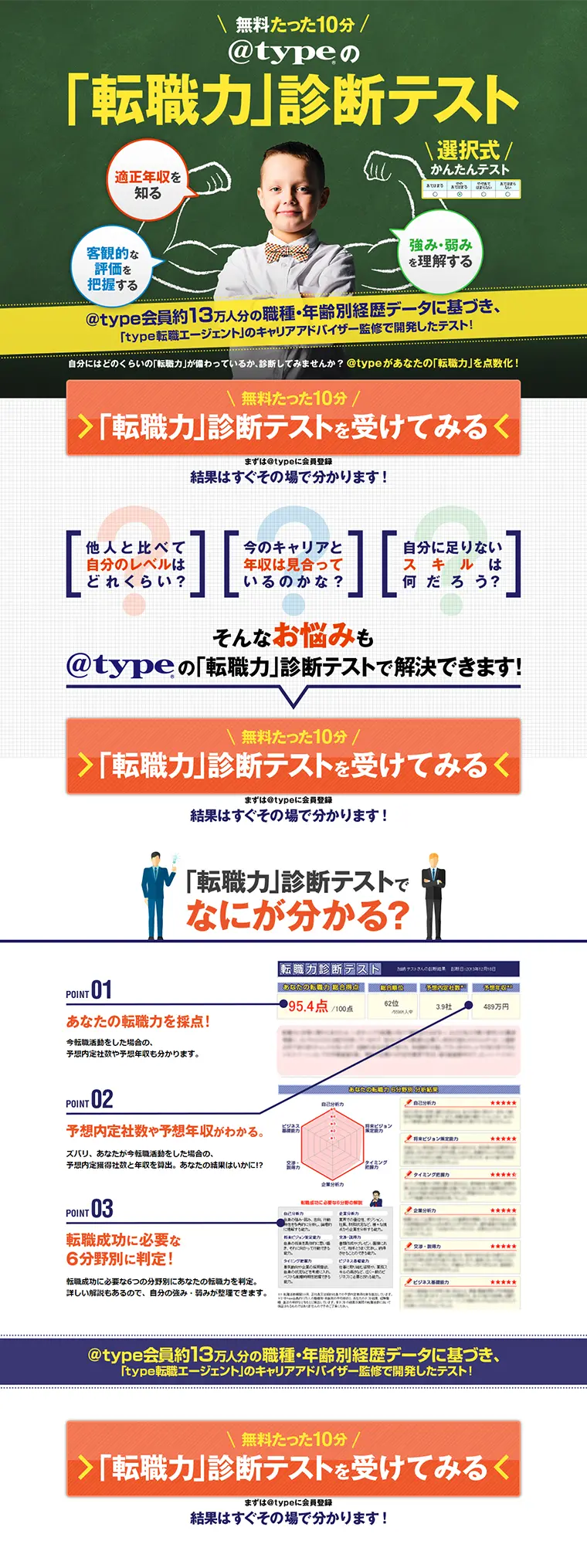 「転職力」診断テストのLPデザイン（インターネットサービス／イエロー系／にぎやか系）PC版