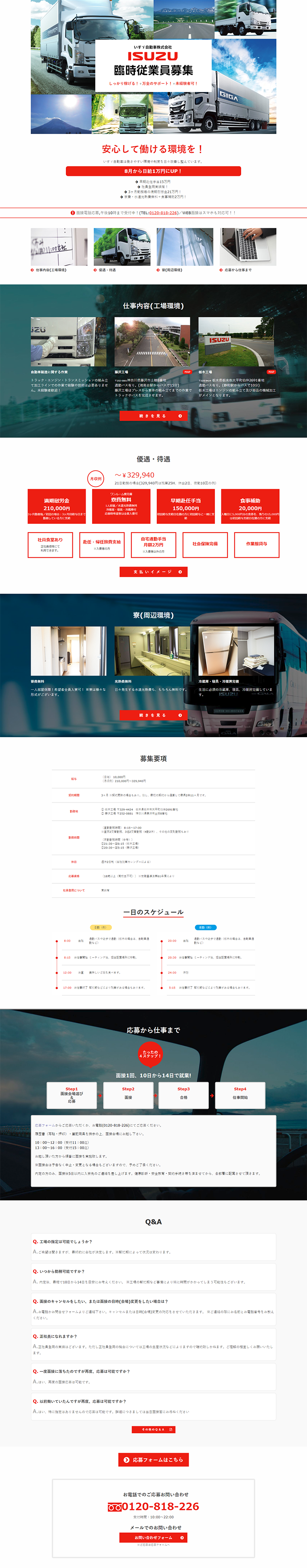臨時従業員募集のLPデザイン（求人・採用関連／レッド系／シンプル系）PC版