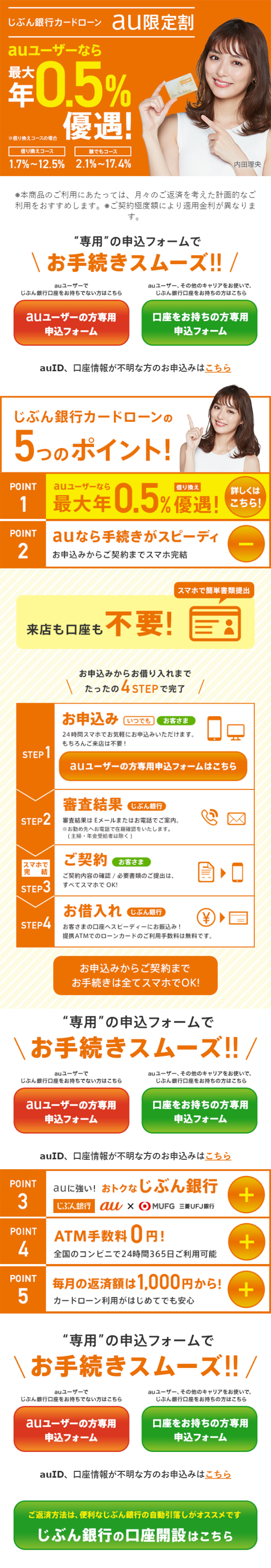 じぶん銀行カードローンau限定割のLPデザイン（サービス・保険・金融／オレンジ系／シンプル系）スマホ版