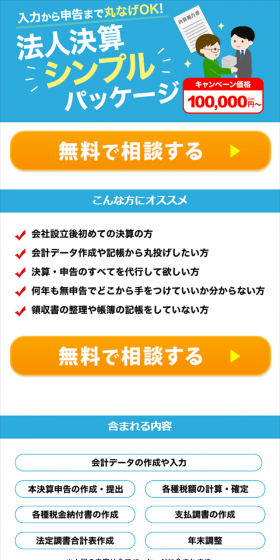 法人決算シンプルパッケージのLPデザイン（サービス・保険・金融／ブルー系／シンプル系）スマホ版