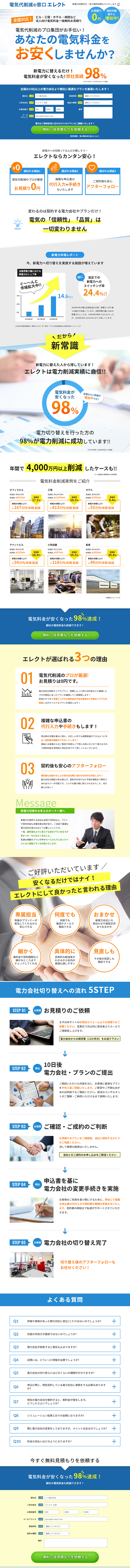法人向け新電力切替えのLPデザイン（サービス・保険・金融／ブルー系／信頼・安心系）PC版
