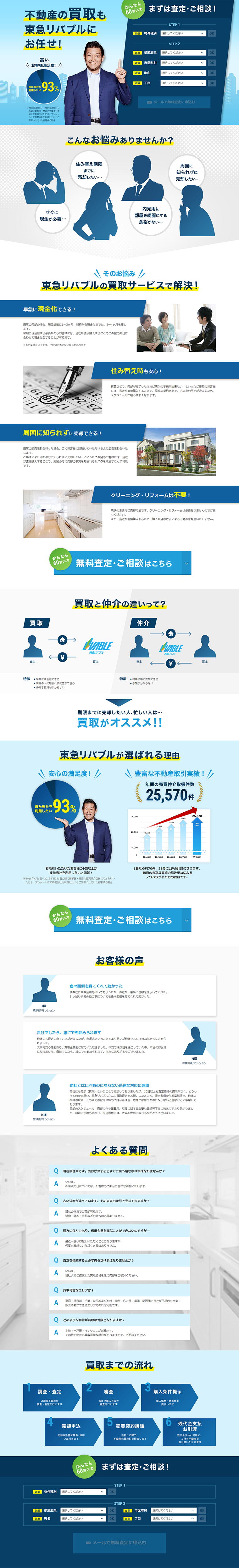 マンション・不動産の買取のLPデザイン（住宅・不動産／ブルー系／信頼・安心系）PC版