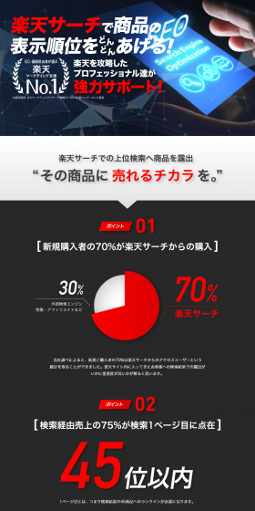 楽天検索エンジン最適化サービスのLPデザイン（インターネットサービス／レッド系／信頼・安心系）PC版