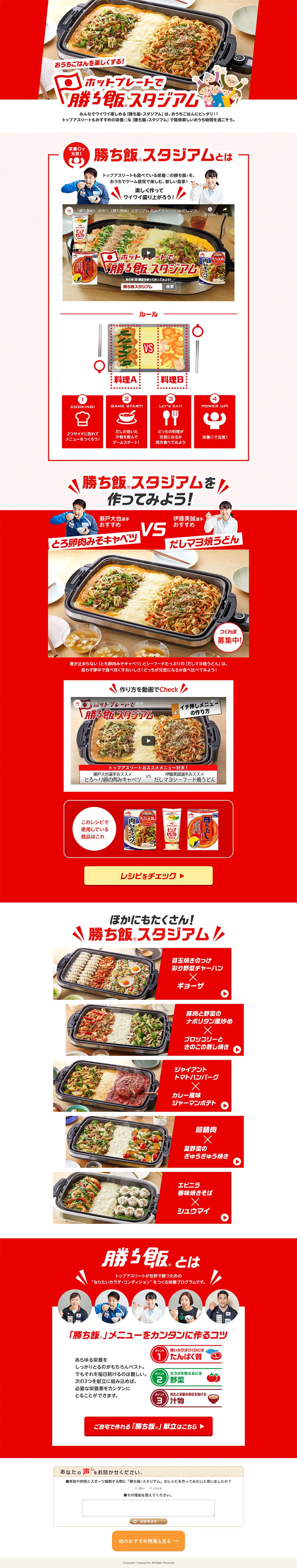 ホットプレートで勝ち飯スタジアムのLPデザイン（食品／レッド系／力強い系）PC版