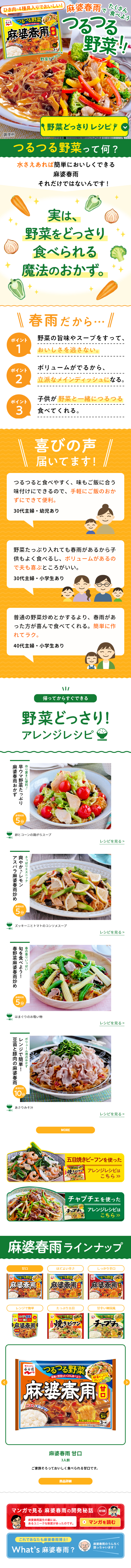 麻婆春雨でたくさん食べようつるつる野菜！のLPデザイン（食品／オレンジ系／にぎやか系）スマホ版