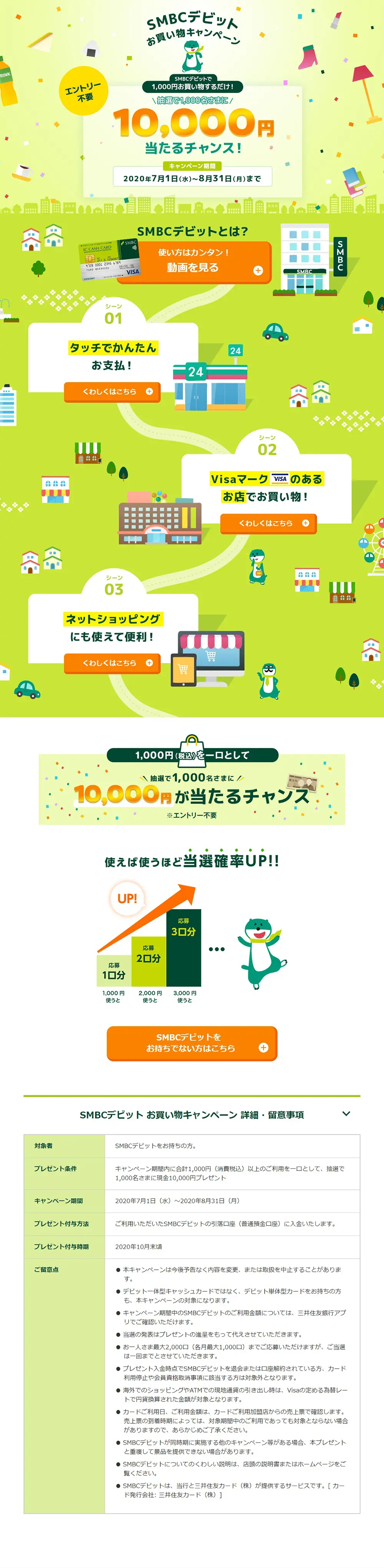 SMBCデビットお買い物キャンペーンのLPデザイン（イベント・キャンペーン・体験／グリーン系／かわいい系）PC版