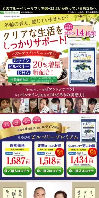 ビルベリープレミアムのLPデザイン（健康・美容食品・サプリ／ブルー系／健康・癒し系）PC版
