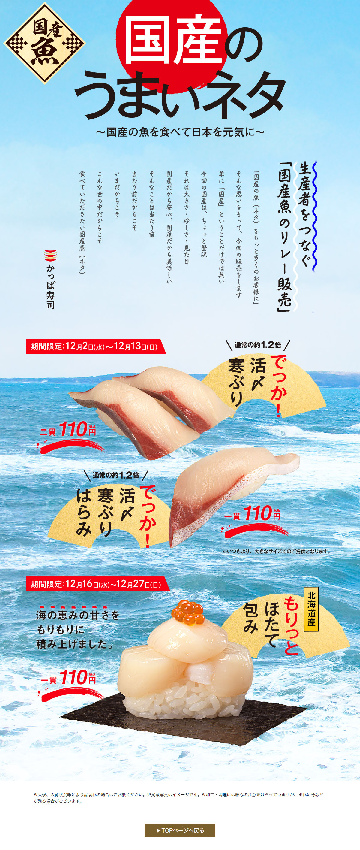 国産のうまいネタ～国産の魚を食べて日本を元気に～のLPデザイン（食品／ブルー系／和風系）PC版