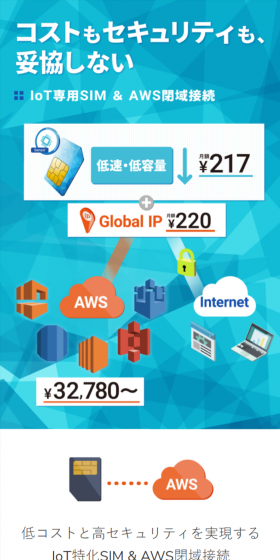 IoT専用格安SIM・AWS閉域接続のLPデザイン（インターネットサービス／ブルー系／信頼・安心系）スマホ版