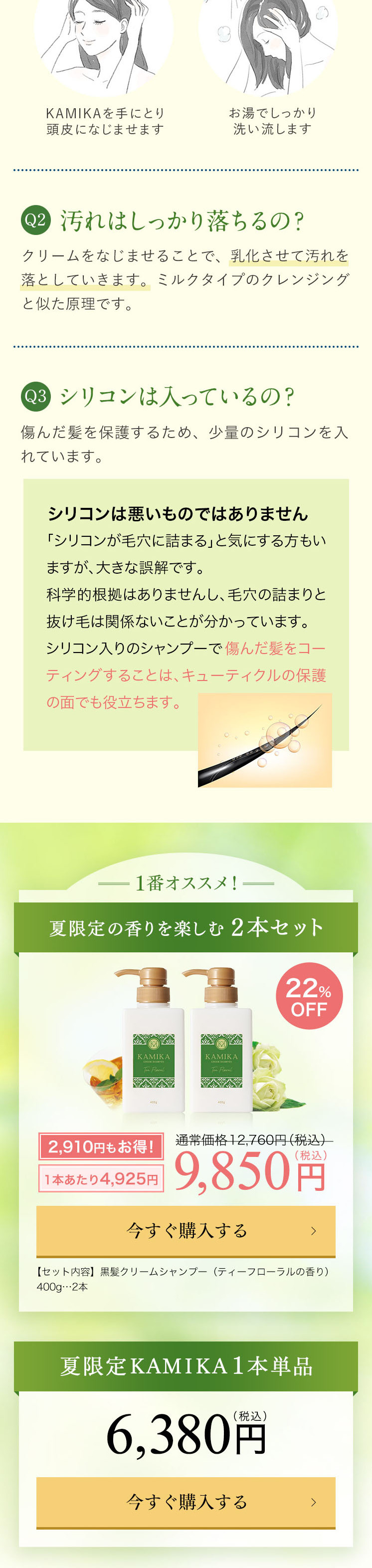 濃厚クリームシャンプーKAMIKAのLPデザイン（スキンケア・ボディケア・ヘアケア／グリーン系／清潔系）PC版