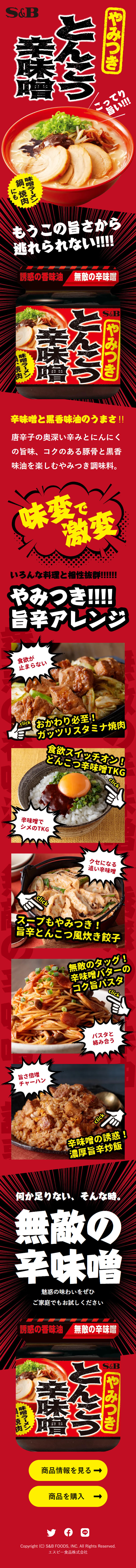 やみつきとんこつ辛味噌のLPデザイン（調味料・甘味料・ダシ・スープ／レッド系／力強い系）スマホ版