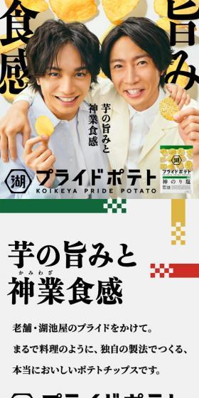 湖池屋プライドポテトのLPデザイン（スナック・ガム・あめ・グミ／グリーン系／にぎやか系）スマホ版
