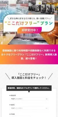 好きな時に好きなだけ使える、使い放題プラン“ここだけフリー”プランのLPデザイン（スポーツ全般・観戦／カラフル系／かわいい系）スマホ版