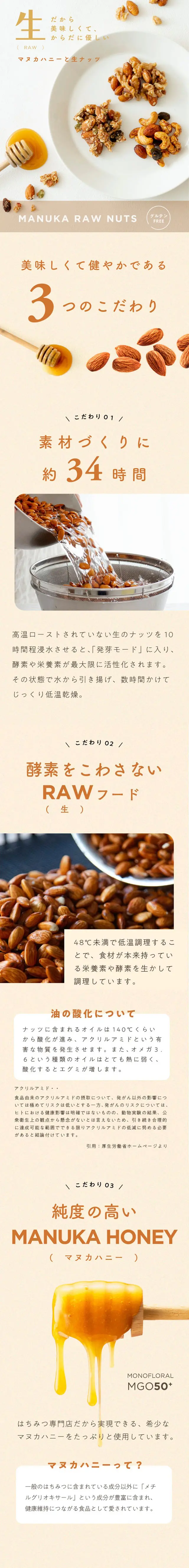 マヌカハニーと生ナッツのLPデザイン（豆・豆加工品／ホワイト系／オーガニック系）スマホ版