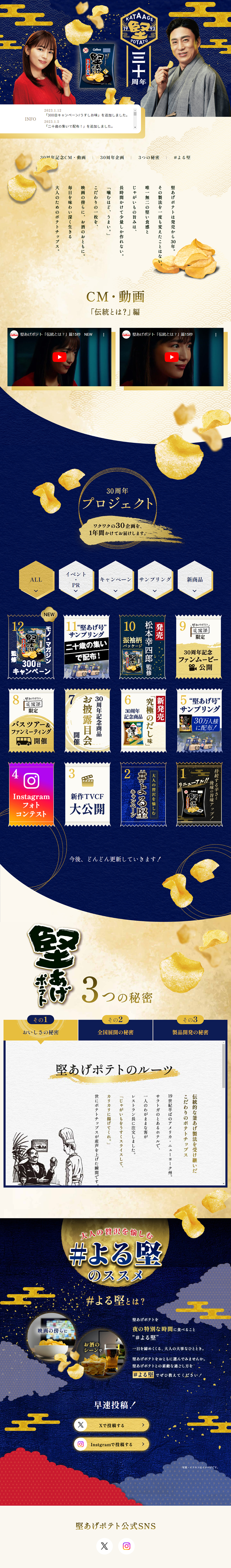 堅あげポテト三十周年記念サイトのLPデザイン（スナック・ガム・あめ・グミ／ベージュ系／和風系）PC版
