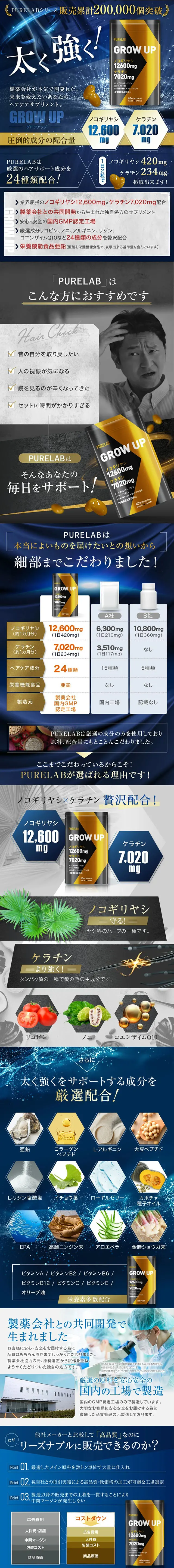 PURELAB growupのLPデザイン（健康食品・健康ドリンク・サプリメント／ブルー系／信頼・安心系）スマホ版
