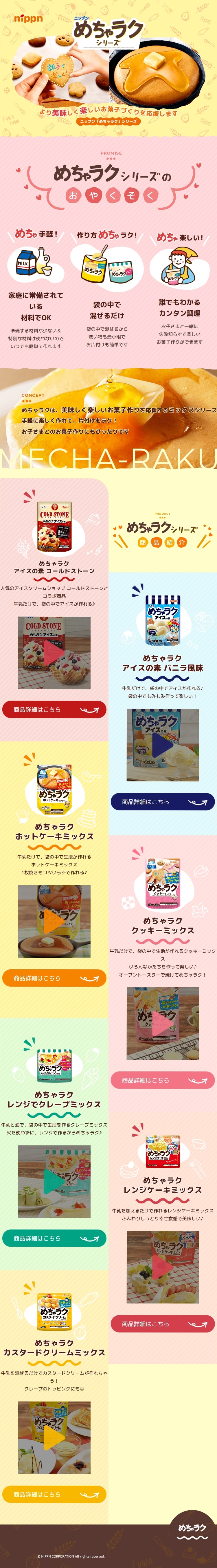 めちゃらくシリーズのLPデザイン（麺・パン・粉物／イエロー系／かわいい系）スマホ版