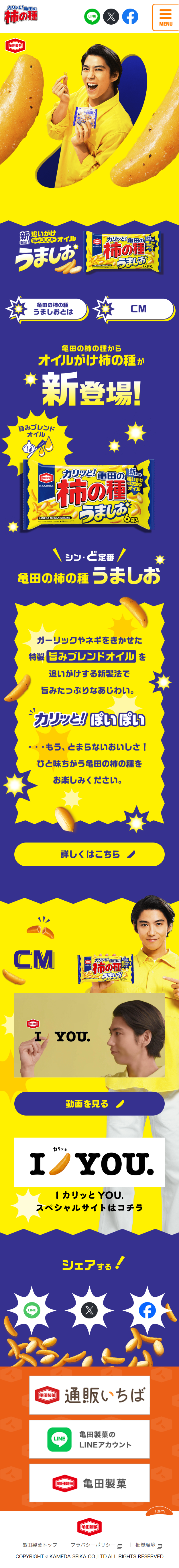 亀田の柿の種 うましおのLPデザイン（スナック・ガム・あめ・グミ／イエロー系／にぎやか系）スマホ版