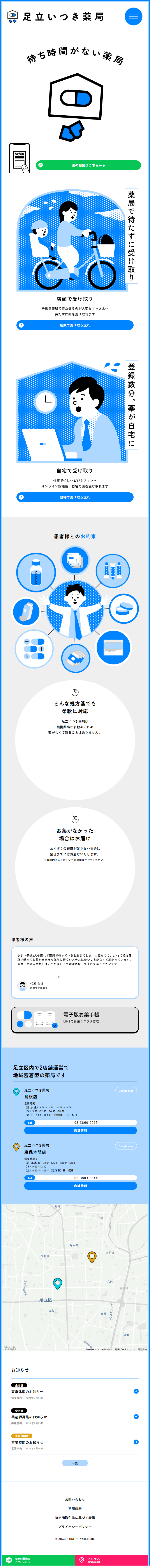 足立いつき薬局のLPデザイン（病院・整体・マッサージ／ブルー系／マンガ・イラスト系）スマホ版