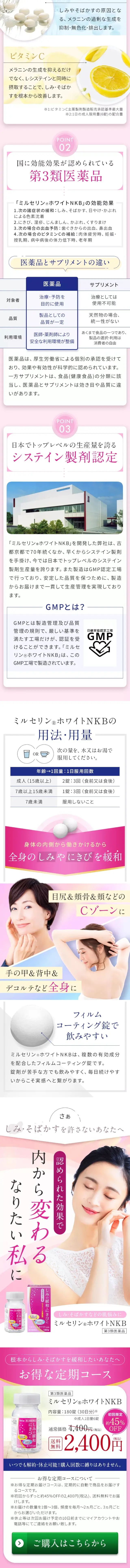 ミルセリンホワイトNKBのLPデザイン（美容食品・美容ドリンク・サプリメント／ピンク系／にぎやか系）スマホ版