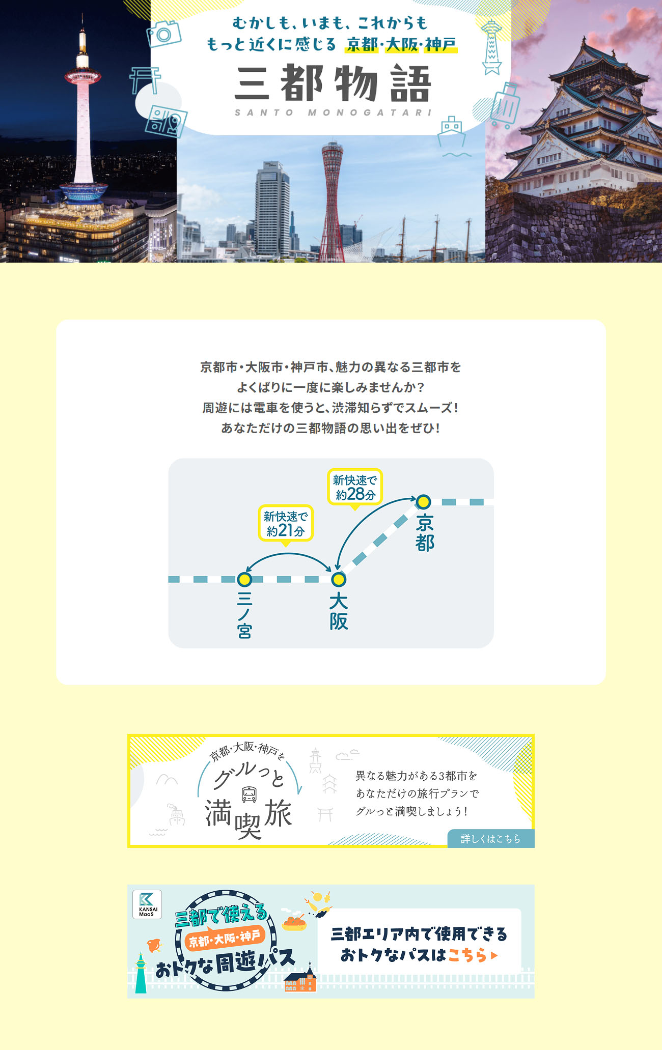 三都物語のLPデザイン（国内旅行・海外旅行／イエロー系／かわいい系）PC版