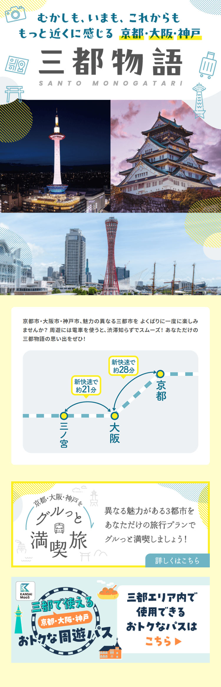三都物語のLPデザイン（国内旅行・海外旅行／イエロー系／かわいい系）スマホ版