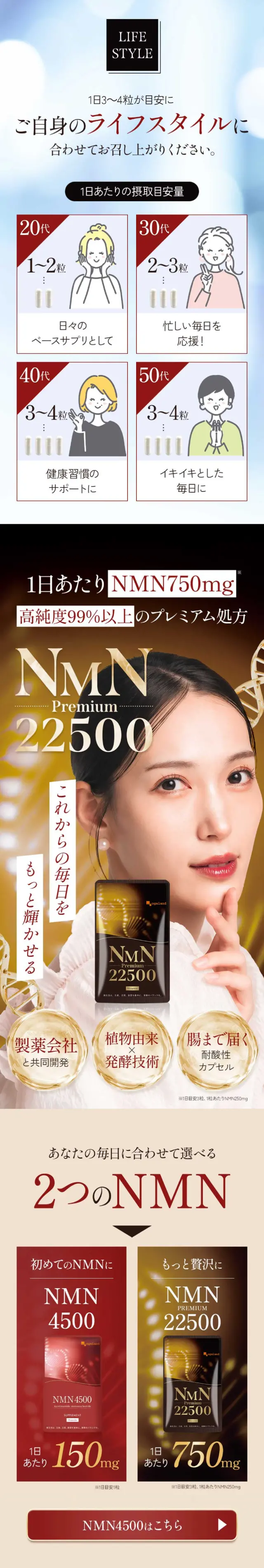 NMNプレミアム 22500mgのLPデザイン（美容食品・美容ドリンク・サプリメント／ゴールド系／にぎやか系）スマホ版