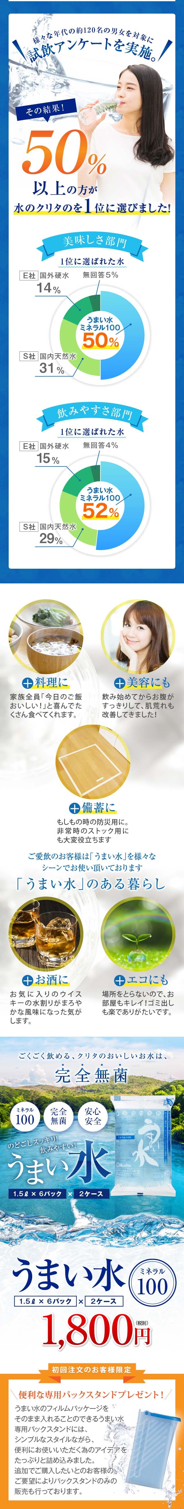 完全無菌 うまい水（1.5L×2ケース）のLPデザイン（水・ソフトドリンク／ブルー系／シンプル系）スマホ版